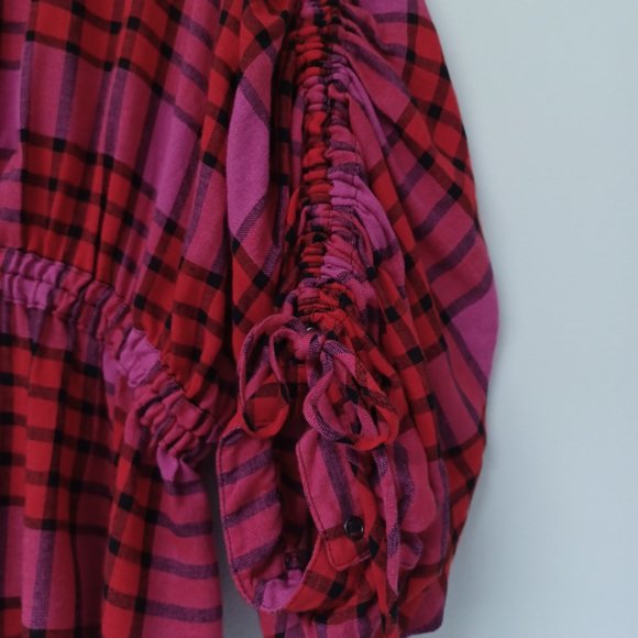 SOLD!--We The Free Pacific Dawn Pink Red Plaid Ruched Sleeve Shirt, Wool/ Small - Picture 3 of 9